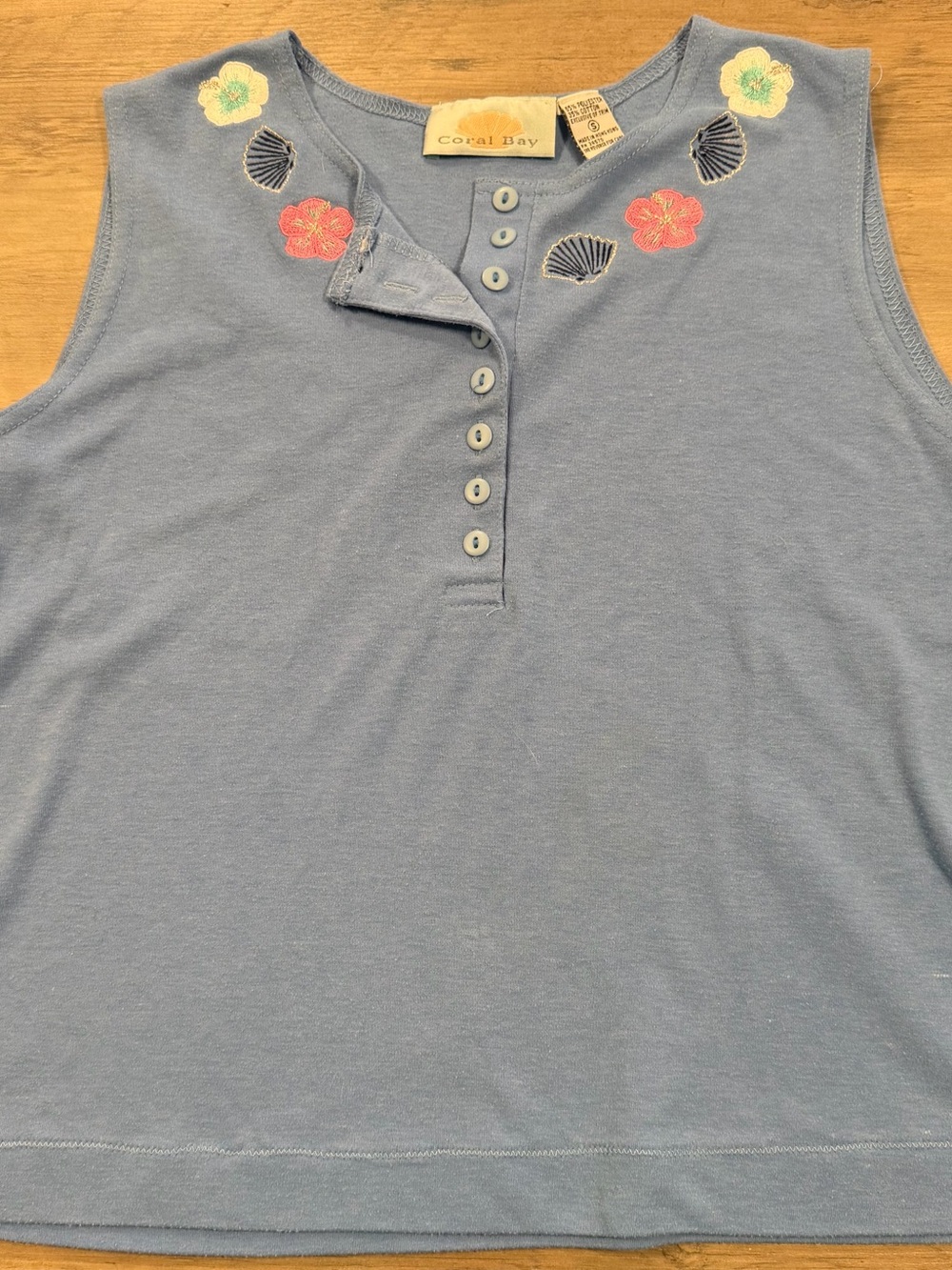 Coral Bay Blue Sleeveless Embroidered Henley Tank